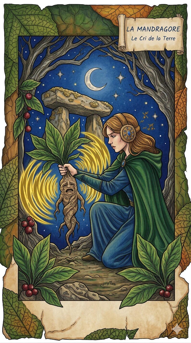 May include: An illustration of a woman holding a mandrake root, with the text "LA MANDRAGORE Le Cri de la Terre". The woman is dressed in a blue gown and green cloak, with a crescent moon and stars in the background. The mandrake has a sad expression.