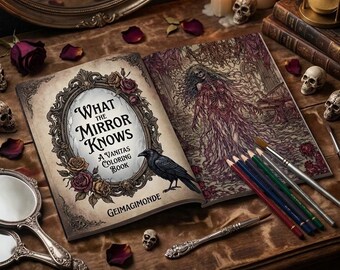 May include: An open colouring book titled What The Mirror Knows: A Vanitas Colouring Book by Geimagimonde, featuring an ornate mirror frame and a raven on the cover, with a detailed illustration of a skeletal figure inside and coloured pencils.