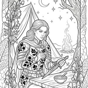 May include: A detailed black and white illustration of a person working on a sword at a table, set against a backdrop of a campfire and tent. The image is framed with floral and tree motifs, and includes the text "L'ACONIT La Lame Empoisonn&eacute;e".