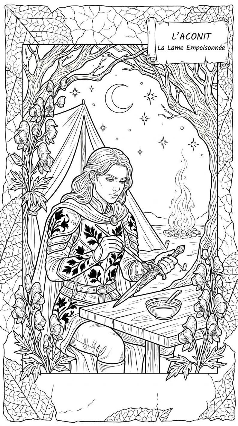 May include: A detailed black and white illustration of a person working on a sword at a table, set against a backdrop of a campfire and tent. The image is framed with floral and tree motifs, and includes the text "L'ACONIT La Lame Empoisonn&eacute;e".