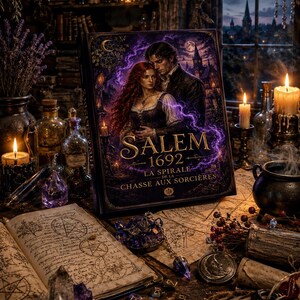 May include: A hardback book titled SALEM 1692 LA SPIRALE DE LA CHASSE AUX SORCIÈRES featuring an illustration of a couple, surrounded by an open book with occult diagrams, a purple crystal pendulum, small rune stones, and a white feather quill.
