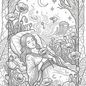 May include: Monochrome illustration of a woman in a poppy field, holding a flower. Smoke with a key emanates from her head. The image features a crescent moon, stars, a crow, and the text "LE PAVOT L'&Eacute;treinte du R&ecirc;ve Sombre".