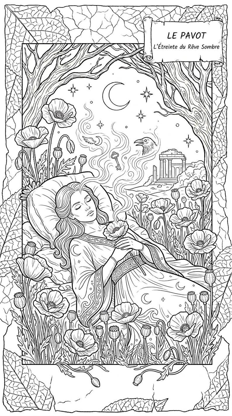 May include: Monochrome illustration of a woman in a poppy field, holding a flower. Smoke with a key emanates from her head. The image features a crescent moon, stars, a crow, and the text "LE PAVOT L'&Eacute;treinte du R&ecirc;ve Sombre".