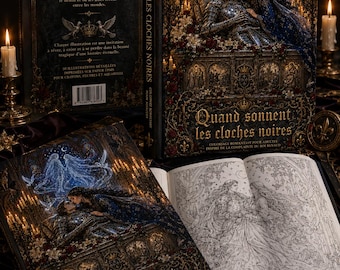 May include: A selection of "Quand sonnent les cloches noires" adult coloring books. The covers display gothic and romantic illustrations with gold lettering. One book is open, showing a detailed black and white illustration ready for coloring.