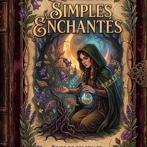 May include: A fantasy-themed book cover with the title "Le Grimoire des Simples Enchantés". The illustration features a woman in a green hooded cloak, holding a potion bottle, with a moonlit forest backdrop and floral accents.