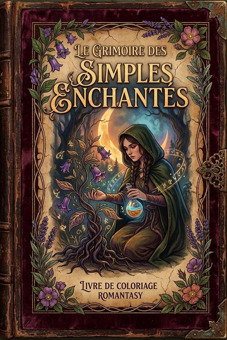 May include: A book cover with the title "Le Grimoire des Simples Enchant&eacute;s". The illustration shows a woman in a green hooded cloak, holding a potion bottle, with a moonlit forest backdrop and floral accents. The book is a colouring book.