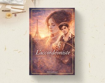 May include: A book cover titled "L'accordéoniste" depicting a woman and a man playing an accordion, with the Eiffel Tower in the background. The cover has a gold border and the word "romantasy" at the bottom.