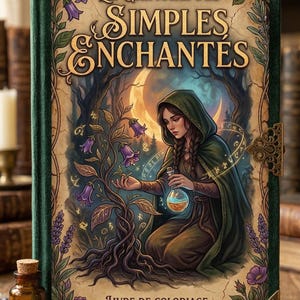 May include: A fantasy coloring book titled "Le Grimoire des Simples Enchant&eacute;s" with a woman in a hooded cloak holding a potion bottle. The cover features a forest scene with a moon and purple flowers. The book is labeled "Livre de Coloriage Romantasy".