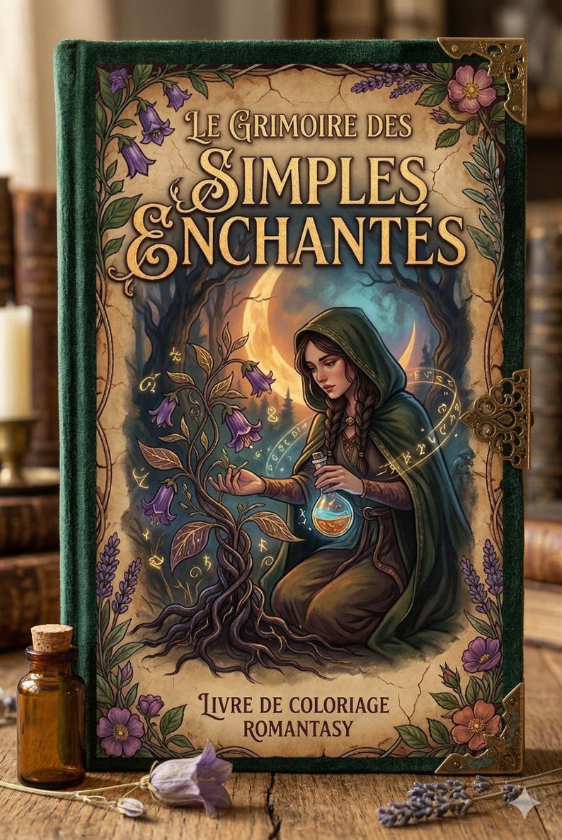 May include: A fantasy coloring book titled "Le Grimoire des Simples Enchant&eacute;s" with a woman in a hooded cloak holding a potion bottle. The cover features a forest scene with a moon and purple flowers. The book is labeled "Livre de Coloriage Romantasy".