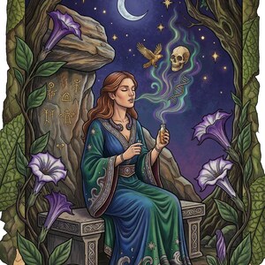 May include: An illustrated card depicting a woman in a blue and green gown, seated in a forest setting. The card includes the text "LE DATURA La Transe des Proph&egrave;tes". A crescent moon, stars, and a skull are visible.