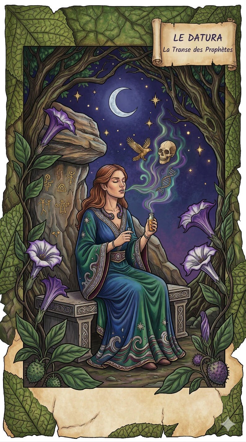 May include: An illustrated card depicting a woman in a blue and green gown, seated in a forest setting. The card includes the text "LE DATURA La Transe des Proph&egrave;tes". A crescent moon, stars, and a skull are visible.