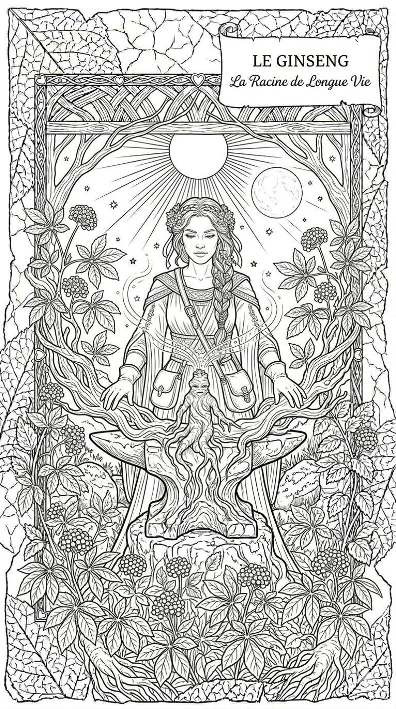 May include: Intricate black and white illustration of a woman with a floral crown, positioned in front of a stylized ginseng root. The image includes the text "LE GINSENG La Racine de Longue Vie" and is framed by botanical elements, such as leaves and berries.