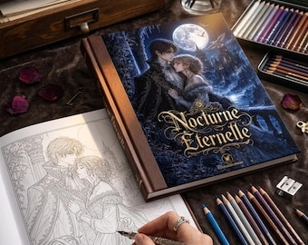 May include: A colouring book titled Nocturne Eternelle with a dark blue cover featuring a couple under a full moon. An open page shows a black and white line art illustration of the same couple. Coloured pencils and a metal pen are arranged nearby.