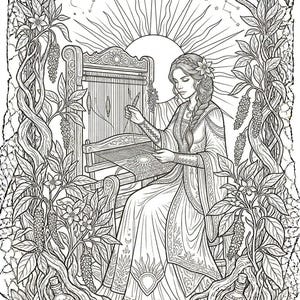 May include: Intricate black and white illustration of a woman weaving on a loom, framed by botanical elements. The image includes French text: "LA CANNELLE L'&Eacute;treinte Solaire". The background features a sun, stars, and a crescent moon, with detailed floral and root designs.
