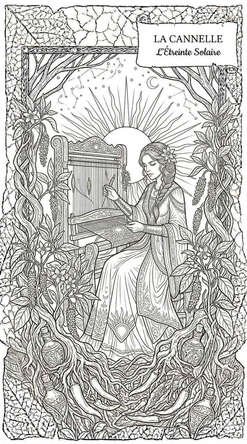 May include: Intricate black and white illustration of a woman weaving on a loom, framed by botanical elements. The image includes French text: "LA CANNELLE L'&Eacute;treinte Solaire". The background features a sun, stars, and a crescent moon, with detailed floral and root designs.