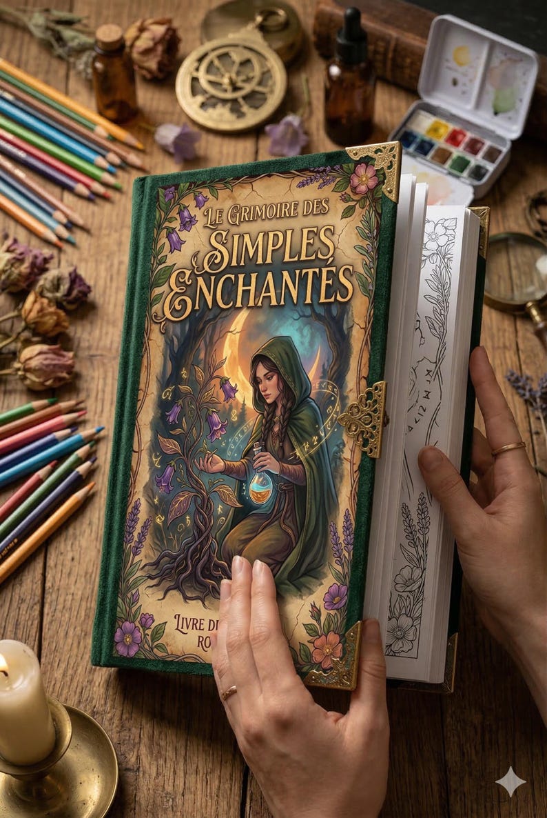 May include: A hardback book titled "Le Grimoire des Simples Enchant&eacute;s" with a green velvet cover and gold details. The cover art shows a woman in a hooded cloak holding a potion. The book is open, revealing detailed line art pages for colouring.