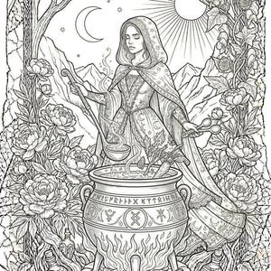 May include: Detailed black and white illustration of a woman stirring a cauldron, surrounded by flowers and foliage. The image includes the text "LES OMBRES ET LES SECRETS Poisons & Visions".