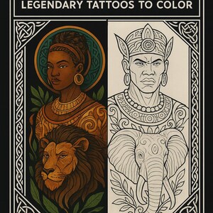 Peut inclure: Illustration de la couverture d'un livre de coloriage intitulé "INK & MYTHOS LEGENDARY TATTOOS TO COLOR". La couverture présente deux portraits détaillés : une femme avec un lion et un homme avec un éléphant.