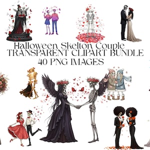 Lot de cliparts Halloween couple squelette | 40 PNG transparents | Art fantasmagorique romantique pour travaux manuels, cartes, impressions et projets de bricolage