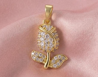 Diamond/Moissanite Charm Rose Flower Design Pendant Necklace 14K Gold Plated Silver