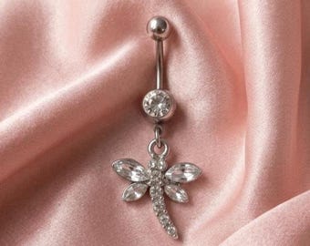 Elegant Diamond/Moissanite Dragonfly Dangle Belly Button Ring 14K Gold Plated