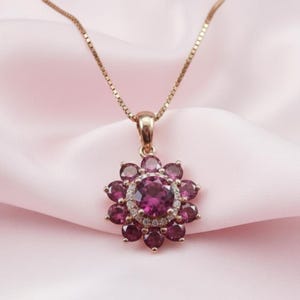 Starlight Pink Ruby & Diamond Flower Women's Pendant Necklace Gift For Her 14k Gold Plated
