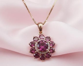 Elegant Pink Ruby & Diamond Flower Women's Pendant Necklace 14k Gold Plated