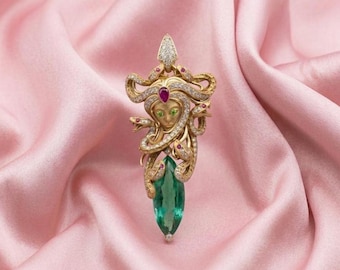 Exquisite Emerald & Halo Diamond Medusa Statement Brooch Pin 14k Gold Plated Silver