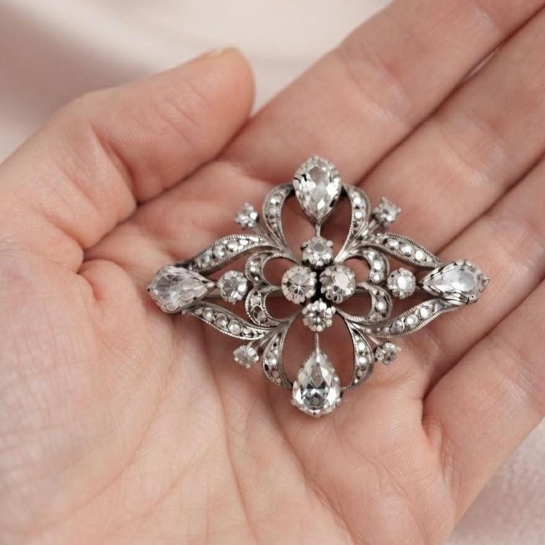 Diamond/Moissanite Statement Brooch Pin 14K Gold Plated Silver Handmade Jewelry image 6