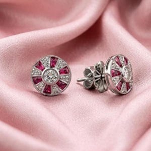 Diamond & Pink Ruby Halo Statement Stud Earrings 14K Gold Plated Silver