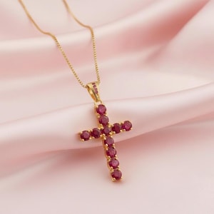 Ruby Cross Pendant 14k Gold Handmade Pave Set Gift For Her Christmas Cross Necklace
