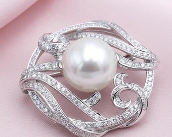 Elegant South Sea Pearl & Diamond Women's Swirl Brooch Pin 14K Gold Plated Silver