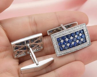 Blue Sapphire Diamond Men's Wedding Cufflinks 14K Gold Plated Minimalist Occasion Cuff