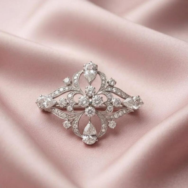 Diamond/Moissanite Statement Brooch Pin 14K Gold Plated Silver Handmade Jewelry image 1