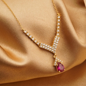 Gold Ruby Drop Necklace, CZ Accents, July Birthstone