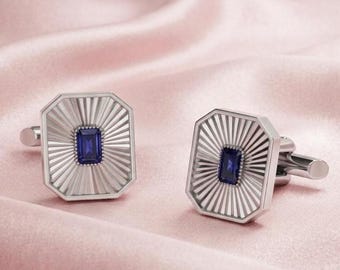 Emerald Blue Sapphire Octagonal Statement Cufflinks 14K Gold Plated Silver
