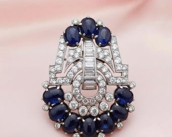 Elegant Oval Blue Sapphire & Halo Diamond Brooch Pin 14k Gold Plated Special Gift