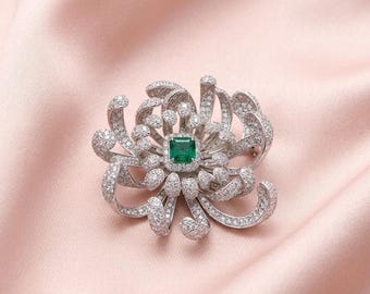 Dainty Emerald & Diamond Floral Statement Brooch Pin 14k Gold Plated Silver