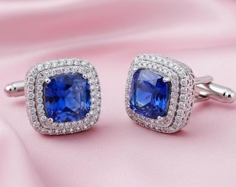 Cushion Sapphire With Diamond Men's Engagement Cufflinks 14K Gold Plated Silver