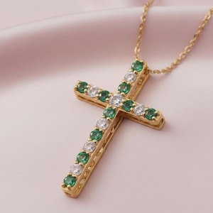 Green Emerald Cross Pendant Christmas Women's Necklace 14K Gold Plated Gift for Her