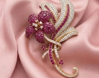 Luxurious Van Cleef & Arpels Style Mystery-Set Ruby And Diamond Brooch Pin 14K Gold Plated