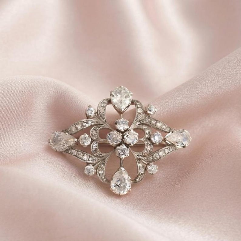 Diamond/Moissanite Statement Brooch Pin 14K Gold Plated Silver Handmade Jewelry image 2