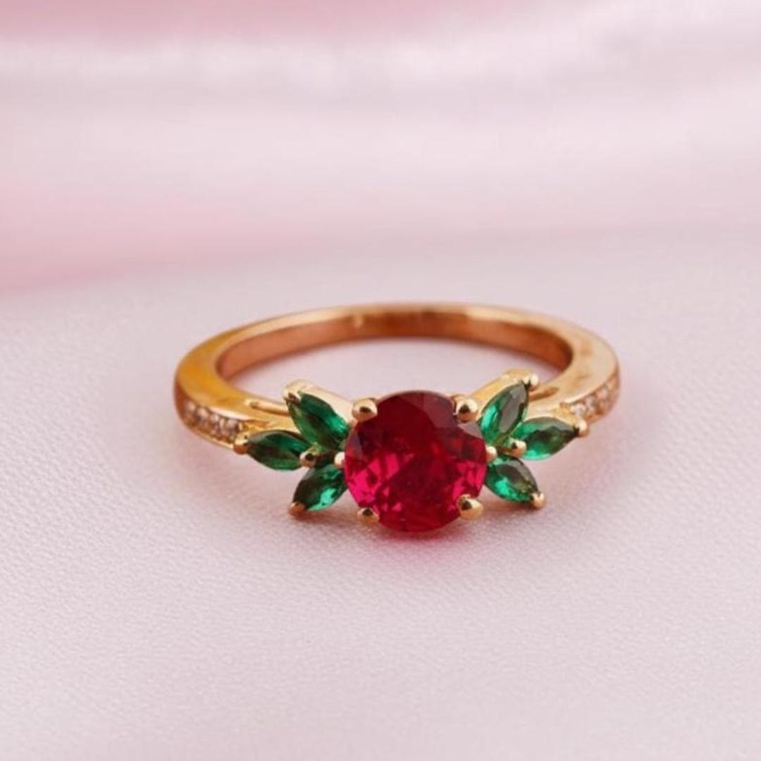 Elegant Red Ruby & Emerald Women's Leaf Design Ring 14K Gold Plated ...