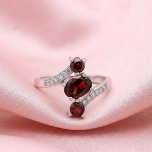 Red Garnet & Dimaond Statement Bypass Design Ring 14K Gold Plated Silver Handmade Jewelry