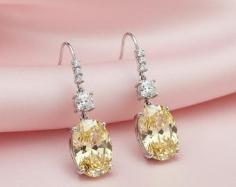 Pendientes ovalados de citrino amarillo para mujer, plata chapada en oro de 14 quilates, con diamantes, hechos a mano.