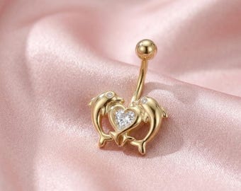 Elegante Diamant Frauen Doppel Delphin Herz Bauchnabel Ring 10K Massiv Gold