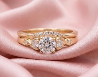 Elegant Diamond Halo Engagement Ring Set  14K Gold Plated Silver