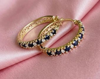 Minimalist Blue Sapphire & Diamond Huggie Hoop Earrings 14K Gold Plated Silver