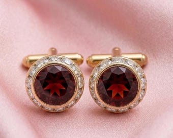 Red Garnet & Diamond Men’s Formal Cufflinks 14K Gold Plated Silver
