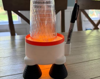 Rocket Party Cup Holder with LED Glow, Space Rocket Cup Dispenser, Sharpie Marker Holder, 3 & 4 Inch Party Cup Organizer